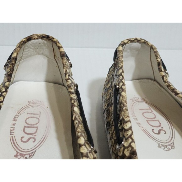 Tod's Womens Snakeskin Loafers Size 8.5 Brown Beige Bow Accent Driving Shoes - Picture 8 of 13